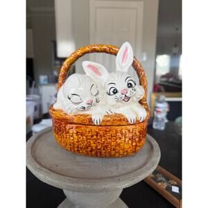 Vintage Bunny Basket Ceramic Candy Dish with Lid